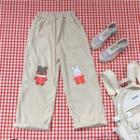 Cartoon Print Corduroy Straight-cut Pants Beige - One Size