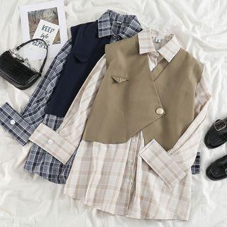Plain Vest / Check Long-sleeve Shirt