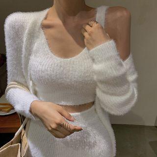 Plain Knit Cardigan / Cropped Tank Top / Mini Pencil Skirt / Set