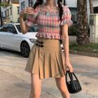 Puff-sleeve Plaid Smocked Blouse / Pleated A-line Skirt