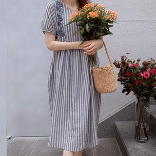 V-neck Embroidered-detail Striped Dress