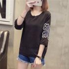 Embroidered 3/4-sleeve Lace Panel T-shirt