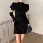 Set: Puff-sleeve Knit Dress + Arm Sleeves
