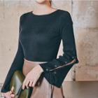 Lace-up Bell-sleeve Rib-knit Top