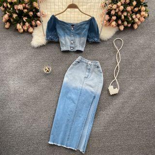 Set Of 2 : V-neck Gradient Top + Denim Slit Skirt