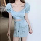 Set: Puff-sleeve Top + Mini Skirt