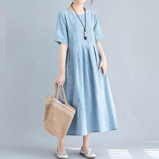 Elbow-sleeve Embroidered Midi Tunic Dress