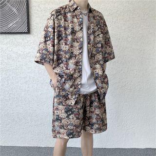 Set: Elbow-sleeve Bear Print Shirt + Wide Leg Shorts