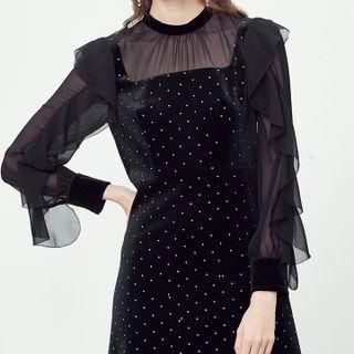 Long-sleeve Velvet Dotted A-line Dress