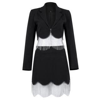 Set: Rhinestone Fringed Trim Cropped Blazer + Mini Pencil Skirt