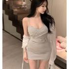 Long-sleeve Loose-fit Light Shirt Jacket / Spaghetti Strap Striped Mini Dress
