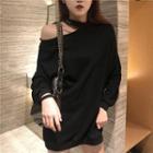 Cold Shoulder Loose-fit Pullover Black - One Size