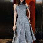 Cold-shoulder Sequined Midi Cocktail Dress
