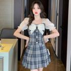 Set: Short-sleeve Bow Plaid Crop Top + Mini A-line Skirt