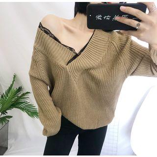 Lace Trim V-neck Sweater Light Camel - One Size