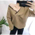 Lace Trim V-neck Sweater Light Camel - One Size