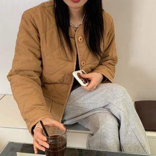 Round Neck Plain Quilted Jacket Coffee - One Size