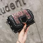 Studded Tweed Panel Faux Leather Crossbody Bag