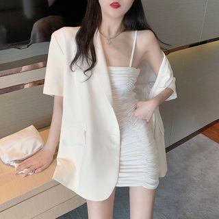 Spaghetti Strap Ruched Sheath Dress / Short-sleeve Blazer