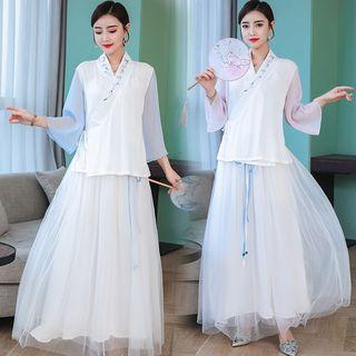 Long-sleeve Embroidered Top / Maxi Skirt