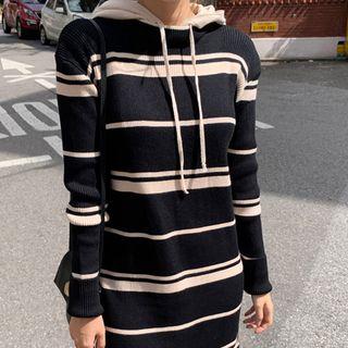 Hooded Striped Knit Dress Black - One Size