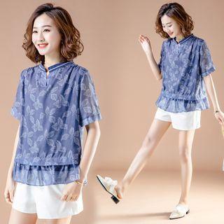 Short-sleeve Leaf Print Mesh Blouse