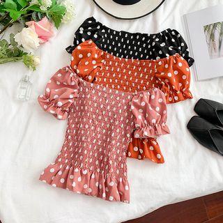 Dotted Off-shoulder Smocked Top