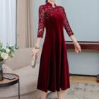 3/4-sleeve Embroidered Midi A-line Velvet Qipao Dress