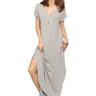 Short-sleeve Plain Slit Maxi Dress