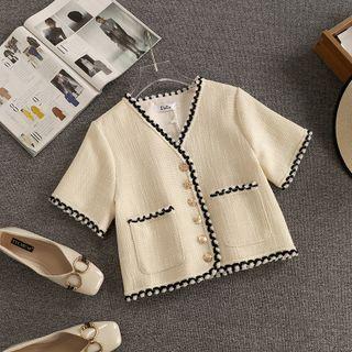 Short-sleeve Contrast Trim Cropped Jacket
