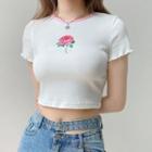 Contrast Trim Rose Print Short-sleeve Cropped T-shirt