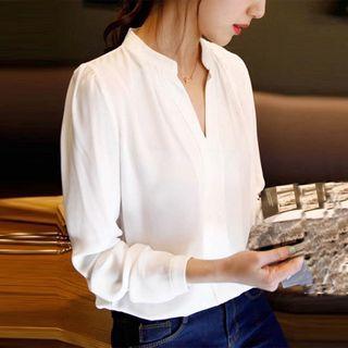 Long Sleeve V-neck Top White - M