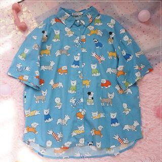Elbow-sleeve All Over Print Shirt Blue - One Size