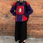Embroidered Color Block Sweater / Knit Midi Straight-fit Skirt