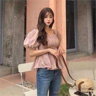 Puff-sleeve Smocked Plaid Top Pink - One Size