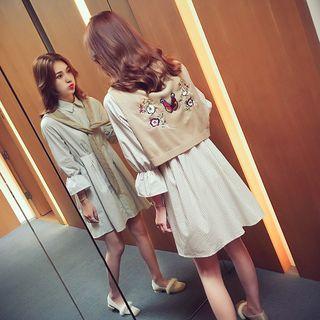 Set: Striped Bell-sleeve Shirt Dress + Embroidered Shawl