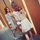 Set: Striped Bell-sleeve Shirt Dress + Embroidered Shawl