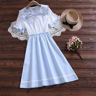 Short-sleeve Collar Two-tone Midi A-line Dress