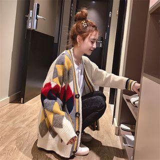 Color Block Argyle Knit Cardigan