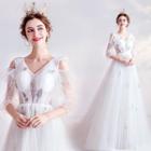 3/4-sleeve Cold-shoulder Wedding Gown