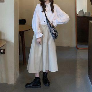 Puff-sleeve Shirt / Plain Midi Skirt