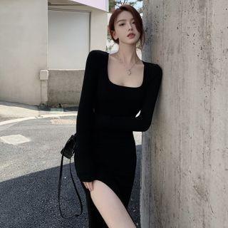 Square-neck Slit Midi Bodycon Dress Black - One Size