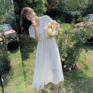 V-neck Short-sleeve Tiered Maxi A-line Dress