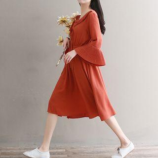 Long-sleeve Pleated Panel Chiffon Dress