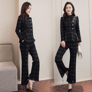 Set: Long-sleeve Frill Trim Patterned Top + Pants