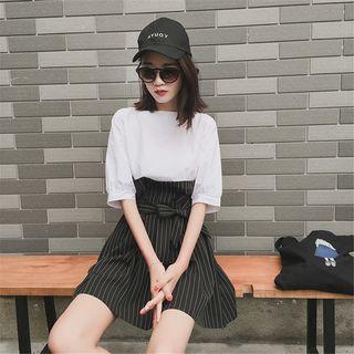 Pinstriped Elbow-sleeve Mock Two-piece Dress