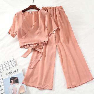 Set: V-neck Chiffon Top + Wide-leg Pants
