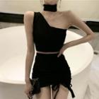 Set: Sleeveless One-shoulder Crop Top + Fitted Mini Skirt
