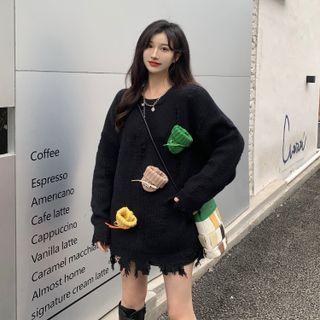 Round-neck Embroider Ripped Oversize Sweater Black - One Size