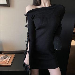 One-shoulder Lace-up Ribbed Knit Dress Black - One Size